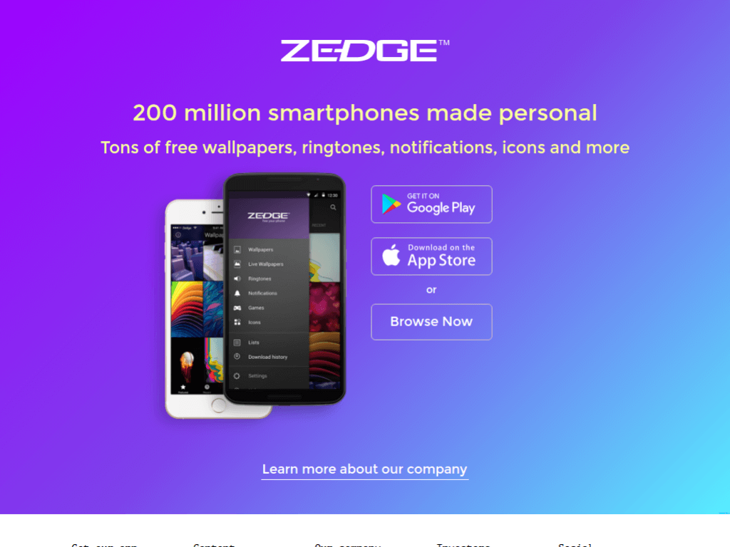 Homepage screenshot of Zedge